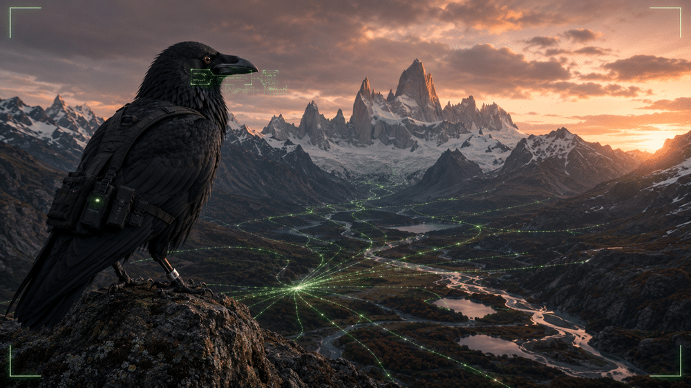 The Ryzodus AI Raven in a landscape shot below Fitz Roy