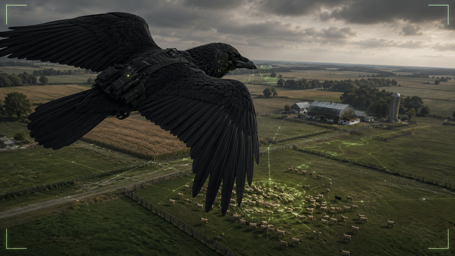 Image representing a Raven (Ryzodus AI) flying over a farm with sheep