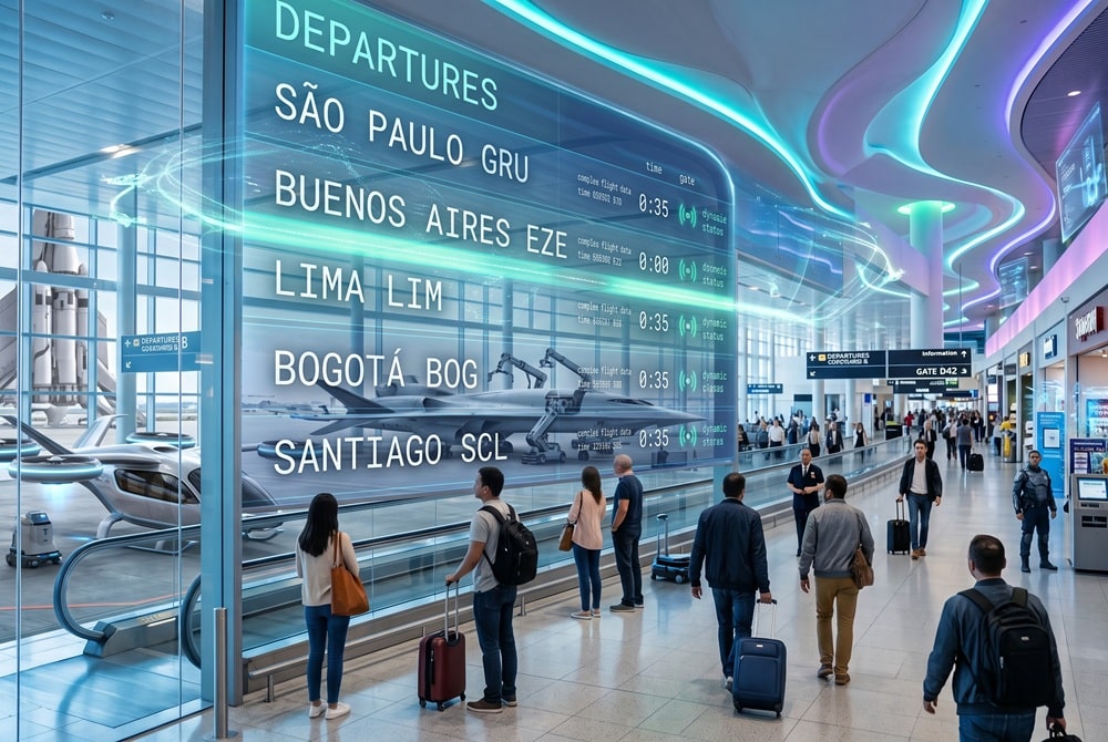 Futuristic airport scene representing travel info.