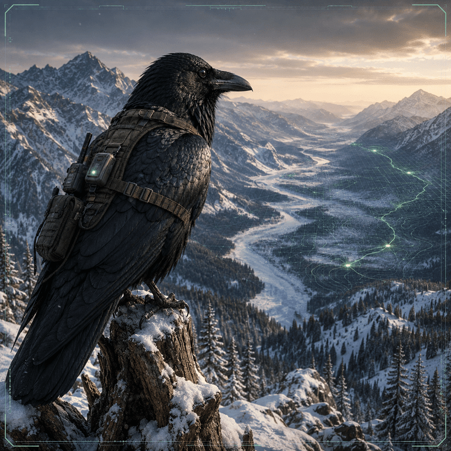 A tactical crow overlooks a value. Meant to represent Ryzodus's theme of tactical wildlife.