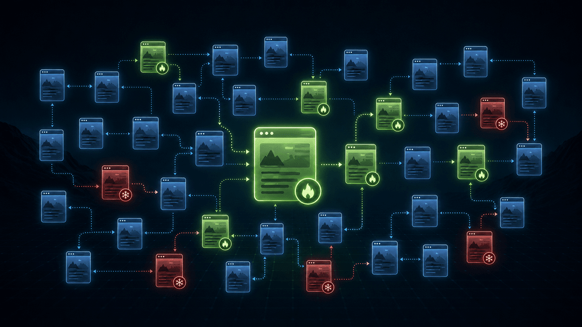 multiple icons representing pages. Green is good, blue is uncached, and red is missed.